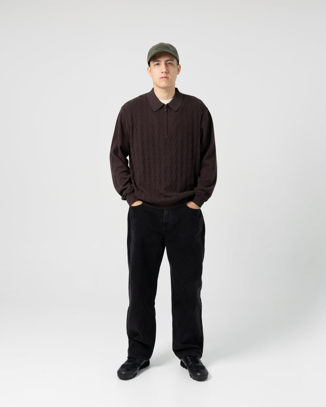 Cable Knit Zip Polo | Brown