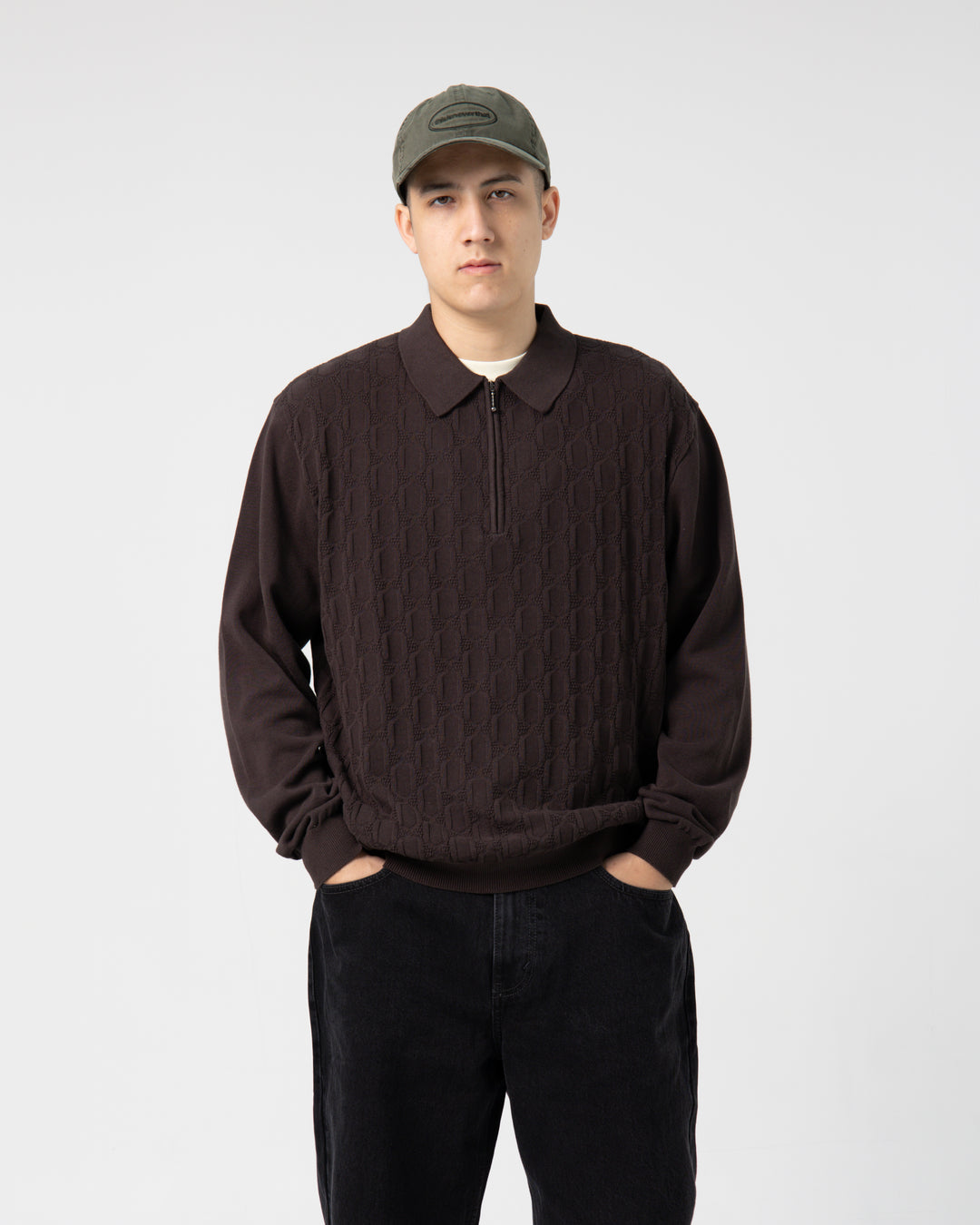 Cable Knit Zip Polo | Brown