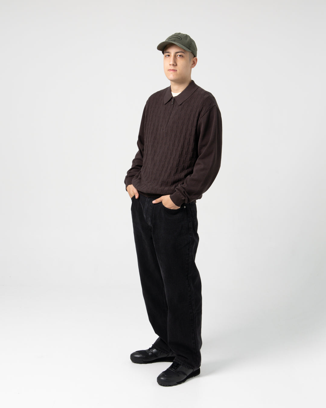 Cable Knit Zip Polo | Brown