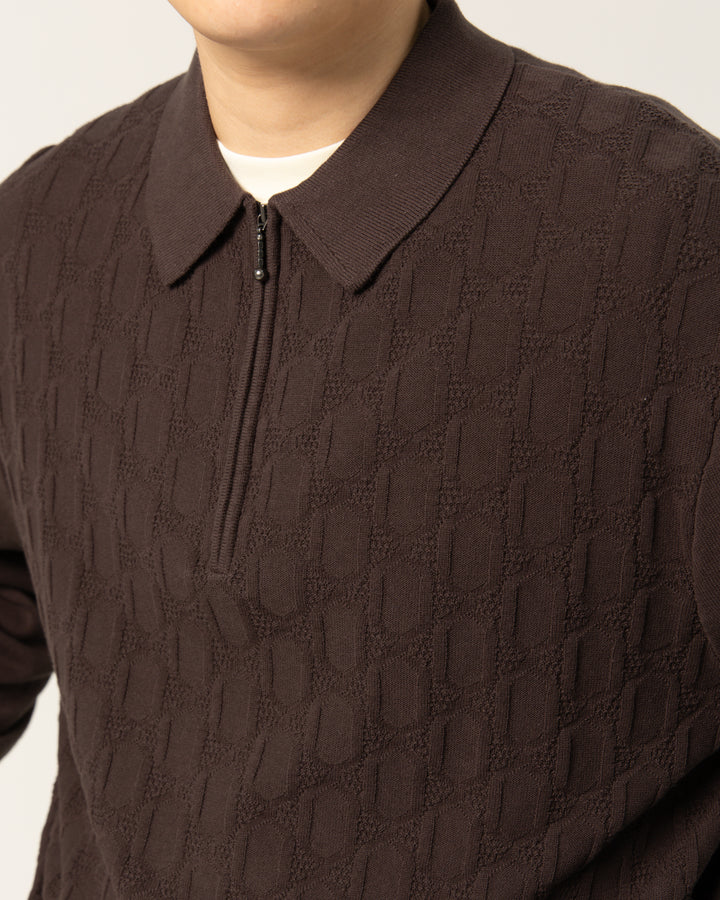 Cable Knit Zip Polo | Brown