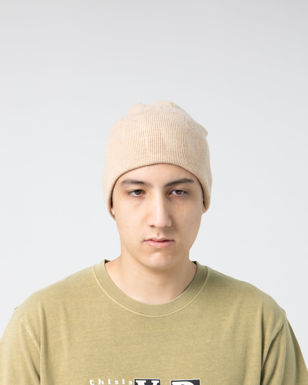 Debossed No Cuff Beanie | Beige