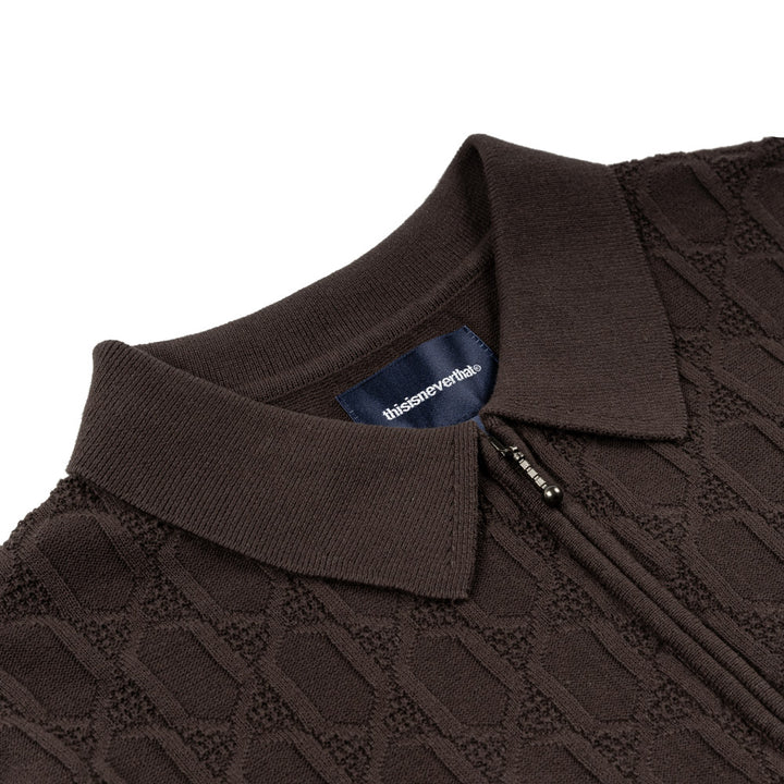 Cable Knit Zip Polo | Brown