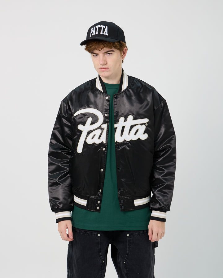 Script Logo Satin Varsity Jacket | Black