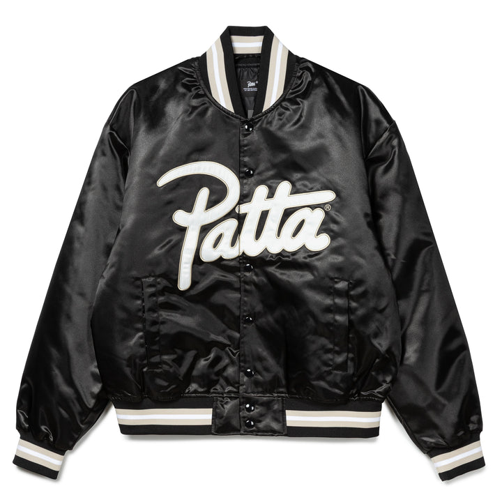Script Logo Satin Varsity Jacket | Black
