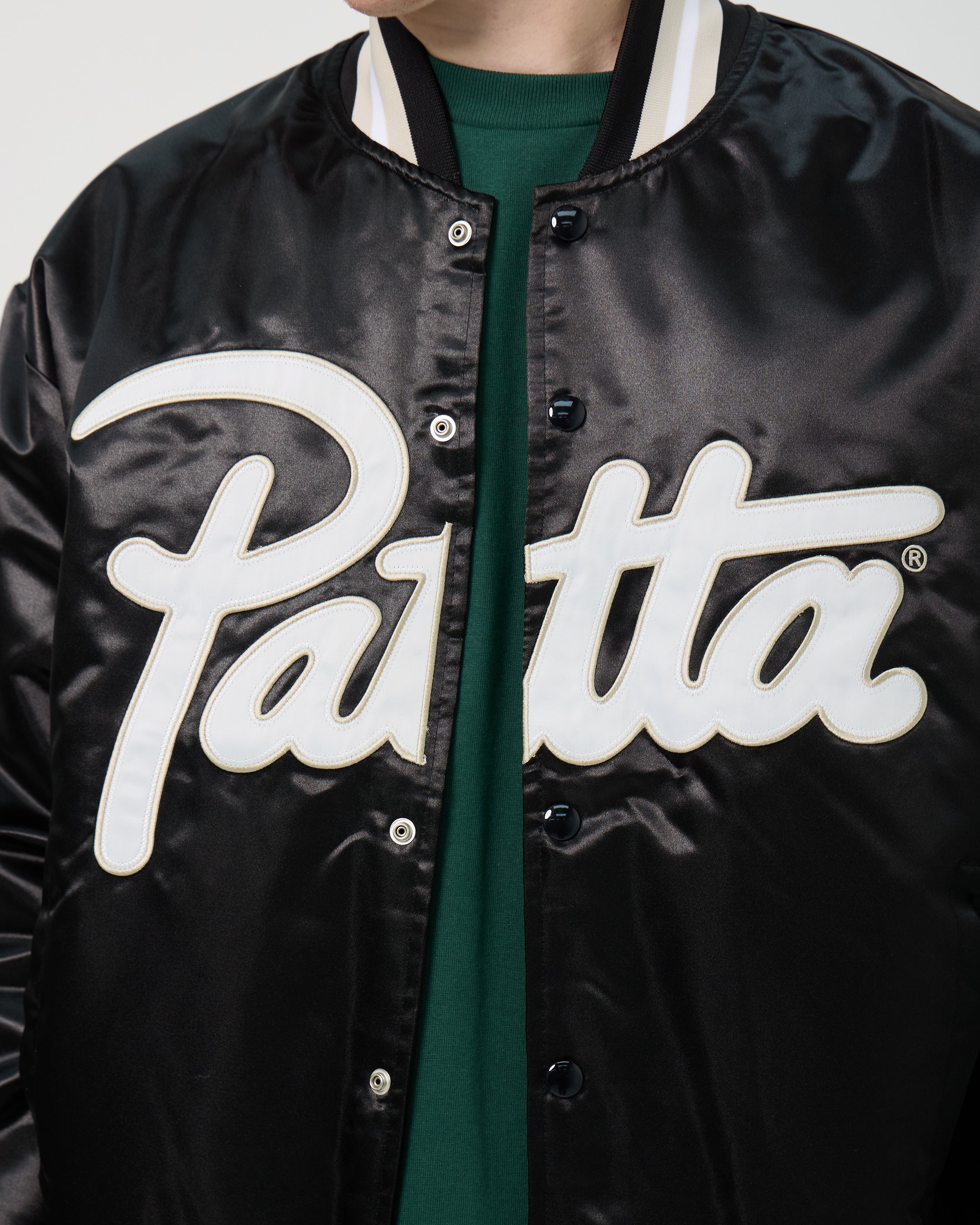 Patta Script Logo Satin Varsity Jacket | Black