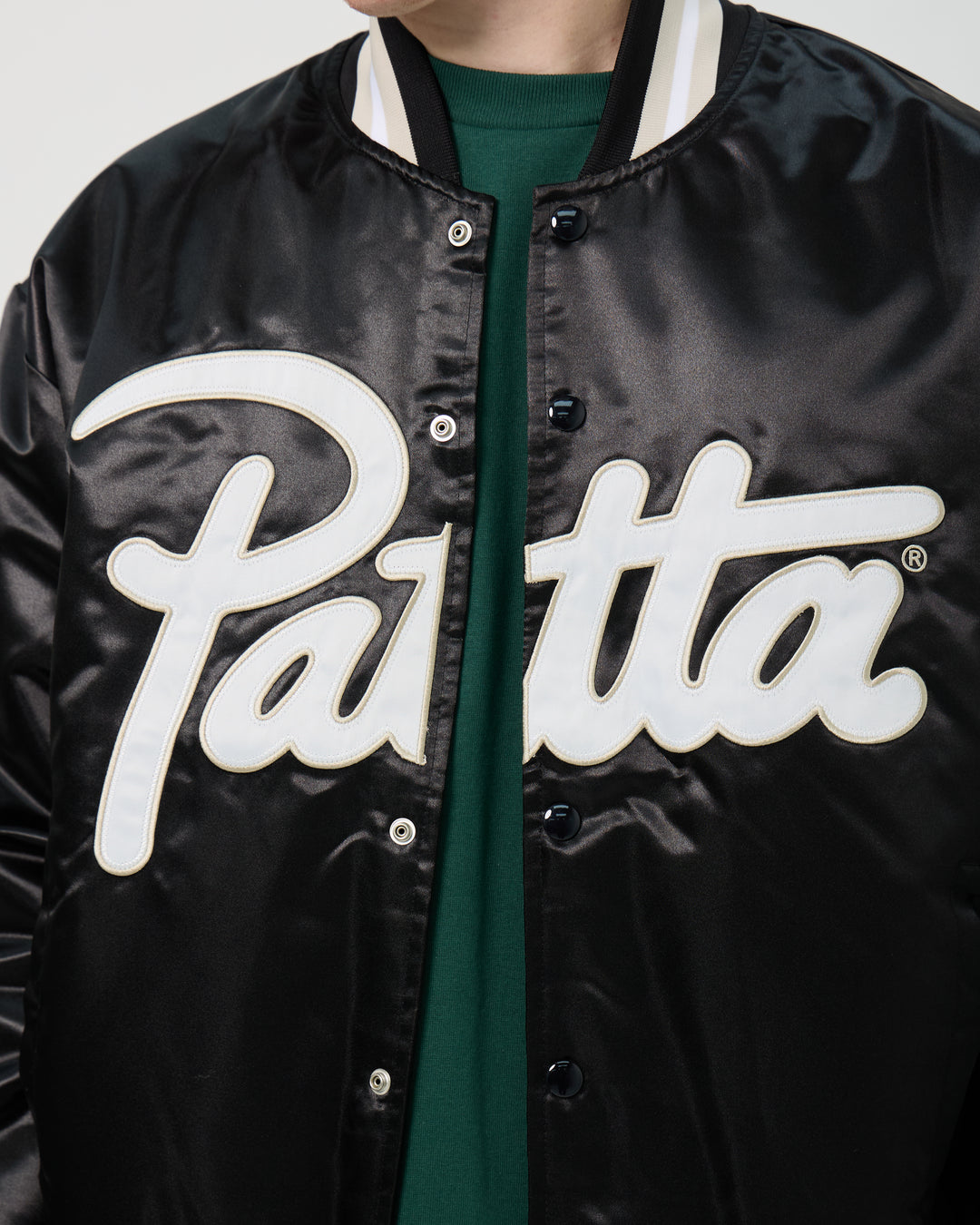 Script Logo Satin Varsity Jacket | Black