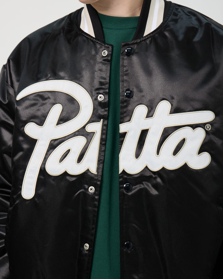 Script Logo Satin Varsity Jacket | Black