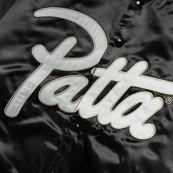 Script Logo Satin Varsity Jacket | Black