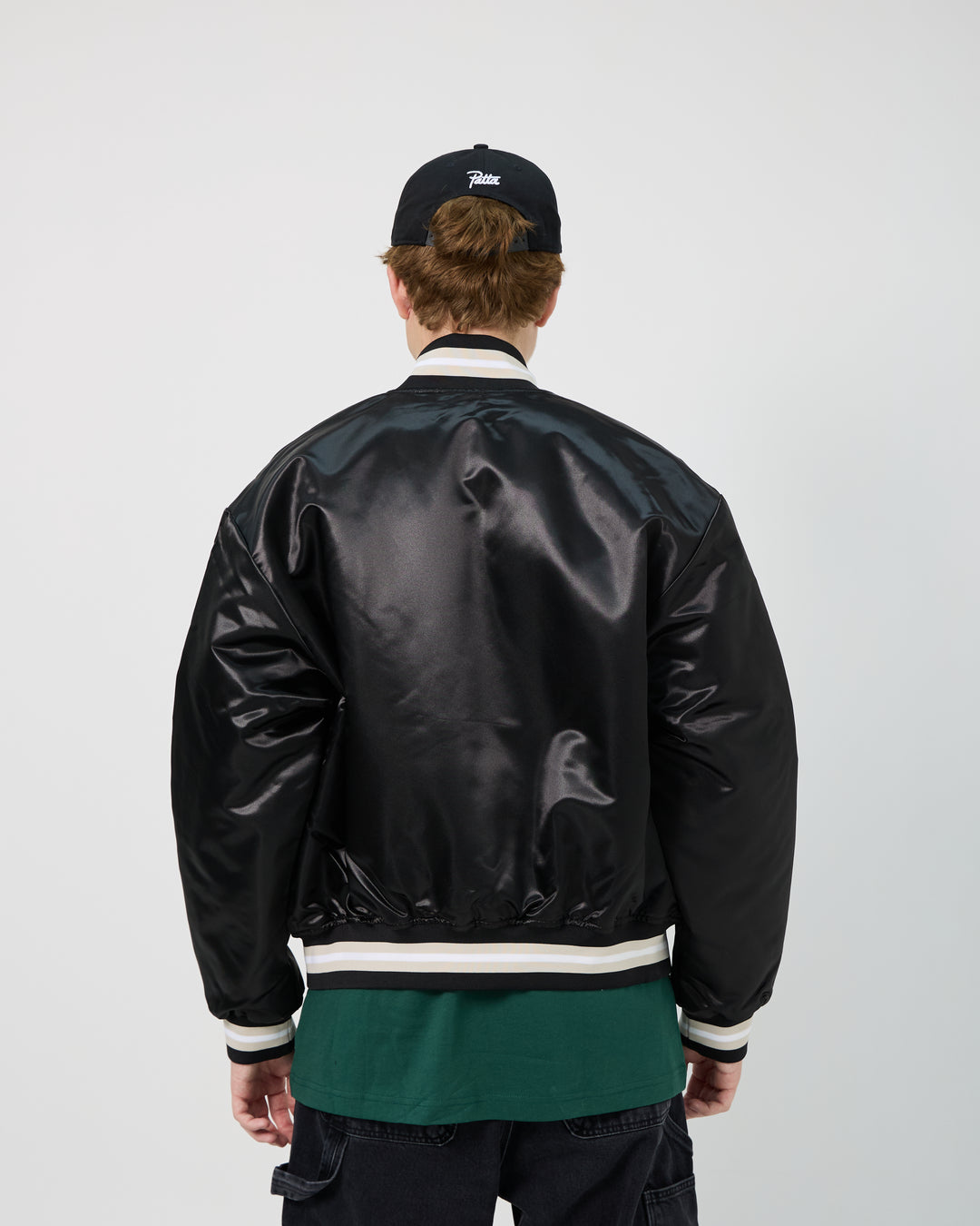 Script Logo Satin Varsity Jacket | Black