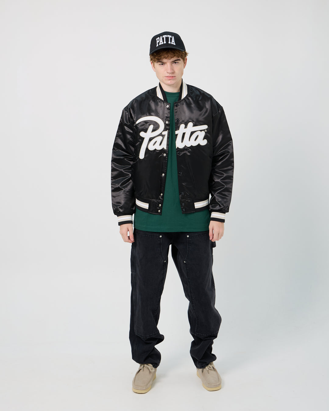 Script Logo Satin Varsity Jacket | Black